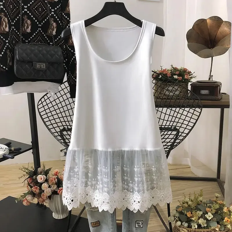 Straat Casual Kant Patchwork Tanks Zomer Nieuwe Mouwloze Effen Kleur Losse Jeugd Wit T-shirt Tops Mode Trend Dameskleding