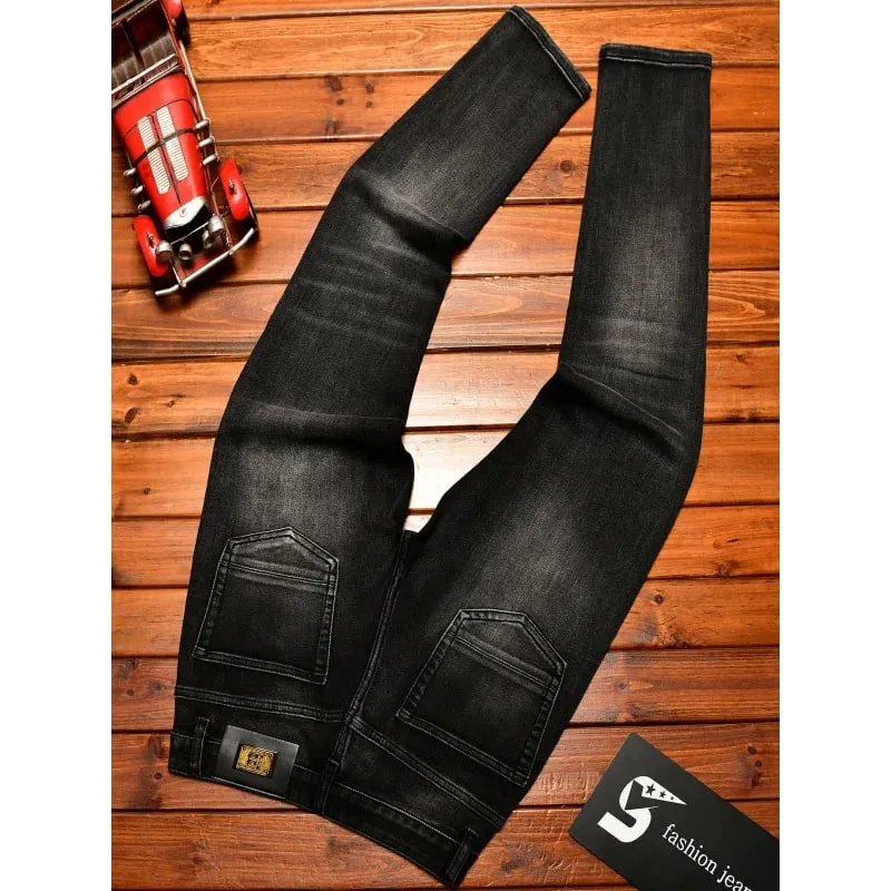 Jeans noirs pour hommes, Design de décoration en métal, tendance, déchiré, mode rétro nostalgique, pantalon Slim Fit