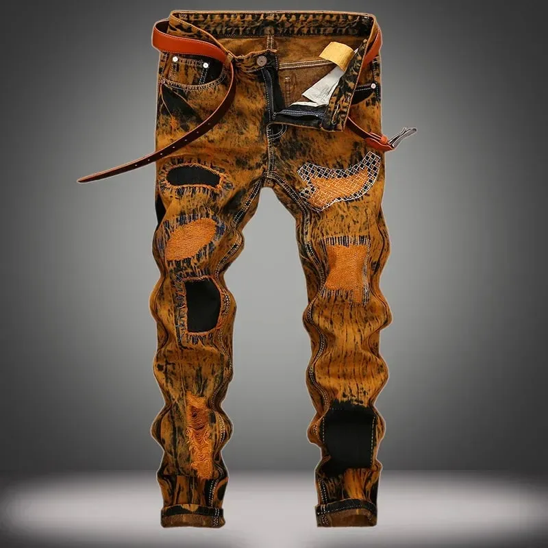 Herfst nieuwe vintage jeans heren gescheurde rechte slim-fit jeans patchwork gepersonaliseerde noodlijdende hiphop streetwear herenkleding