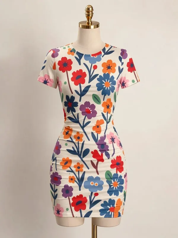 Womens Short Sleeve Bodycon Mini Dress Slim Fit Crew Neck Floral Print Casual Summer Party Cute Modern Holiday Vacation Sundress