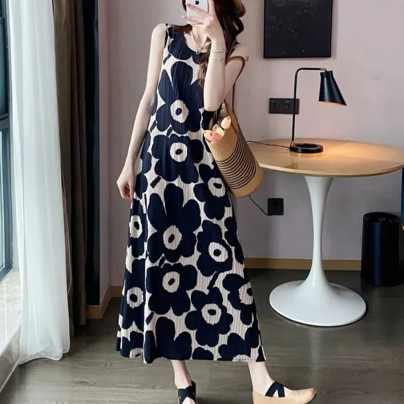 Miyake Pleated Sleeveless Dresses Plisse 2026 Summer New Loose Plus Size Fashion Casual Slimming Pleats Fold Printed Long Dress — image 3