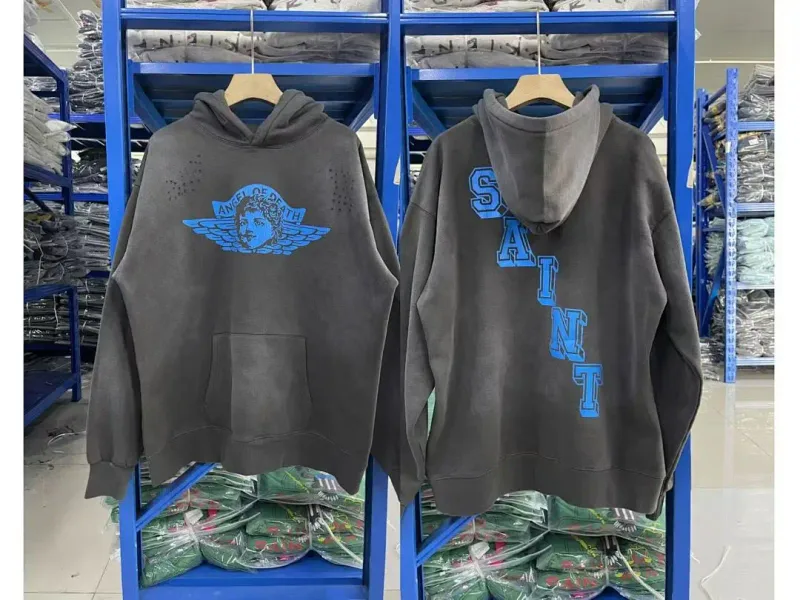 26FW SAINT x Ber B J Co-brand Big Logo Printed Women Men Washed Hooded Sweatshirt Hoodies Vintage Distressed Men Casual Hoodie
