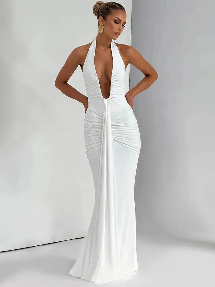 Mozision Deep V Neck Draped Ruched Sexy Maxi Dress Women Summer Fashion Halter Sleeveless Backless Club Party Long Dress Elegant