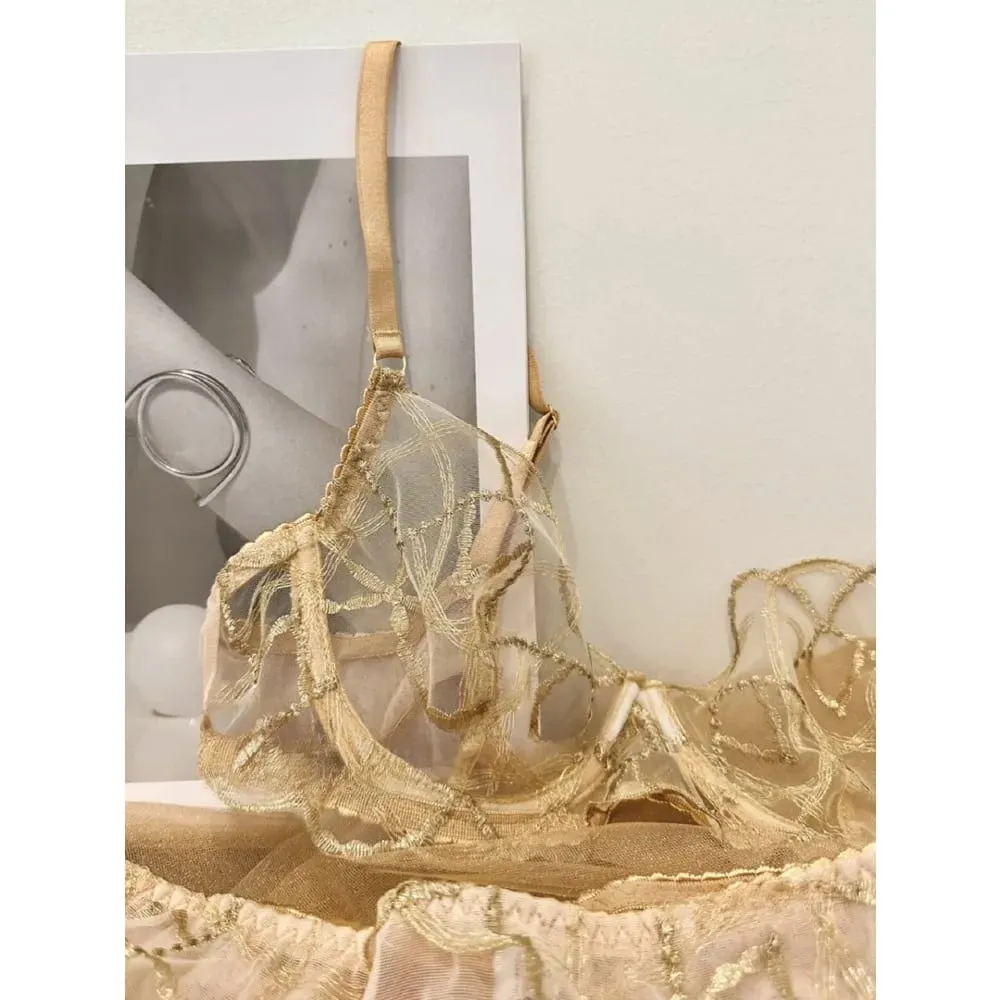 Luxury Lace Shiny Gold Embroidery Sexy Lingerie Set Women Bra + Thong Panties Transparent Erotic Night Party Intimate Underwear