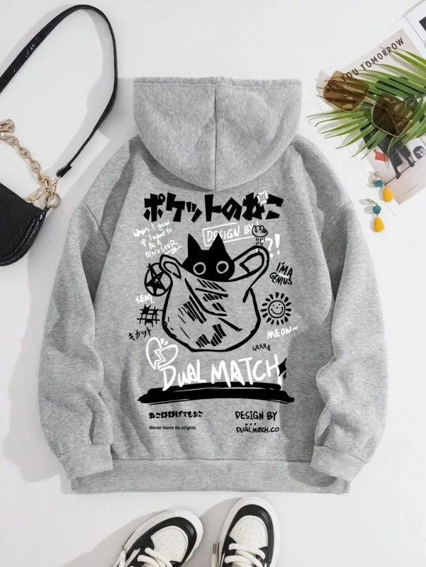 Japan Style Black Cat Hoodie Men Women Outdoor Street Casual Fashion Sport Cartoon Longsleeve Adult Autumn Winter Sweatshirt Top