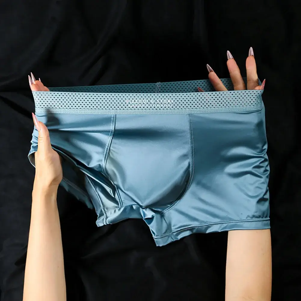 1pc Männer Satin-wie Eis Seide Boxer Glatte Höschen Aushöhlen Bund Unterhose Atmungs Einfarbig Unterwäsche Stamm