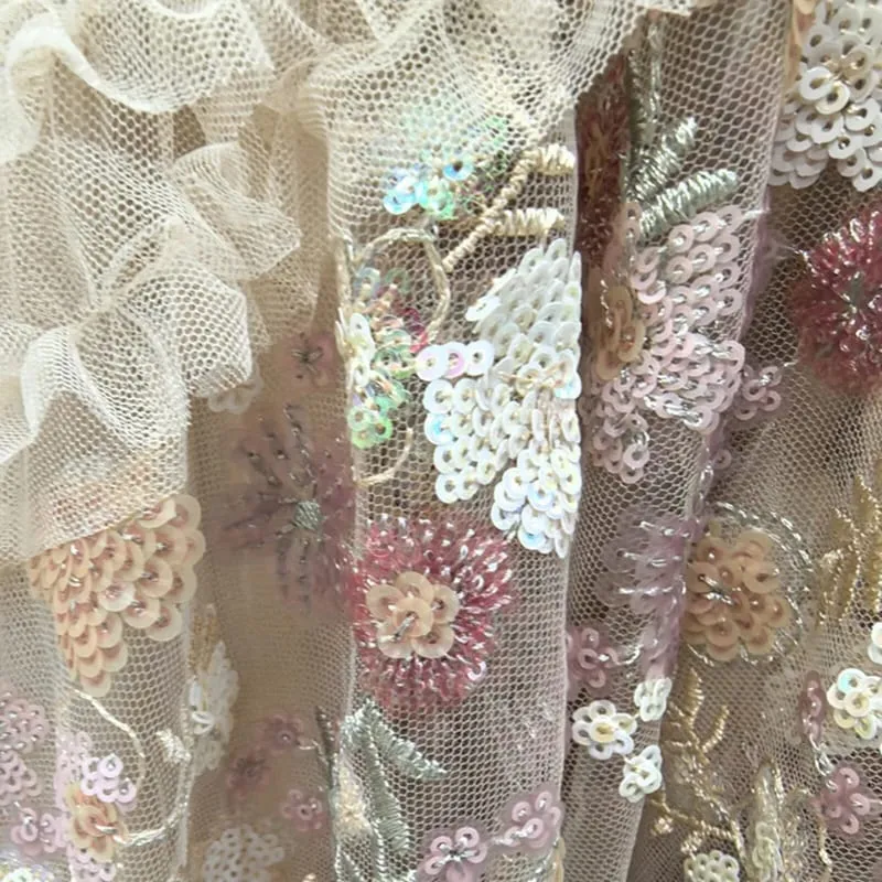Mode Rosa Broderade Paljetter Klänning Damer Rund Hals Volanger Halva ärmar Ankellånga Klänningar Ny 3A132