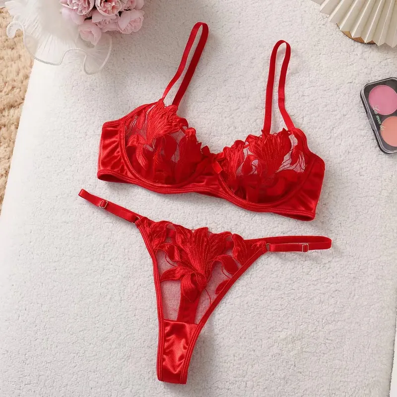Floral Embroidery Sexy Lingerie Set for Women Underwear Transparent Bralette Underwire Push Up Bra and Panty 2 Piece Set
