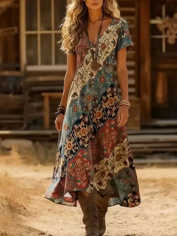 Plus Size Summer New Arrival Retro Ethnic Tie-Dye Dress V-Neck Short Sleeve Loose Boho Vacation Maxi Skirt