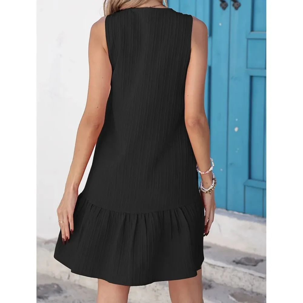 Summer New Fashion V-neck Solid Color Loose Seaside Women's Dress Casual Fashion Single-breasted Slim Sleeveless Dresses Female