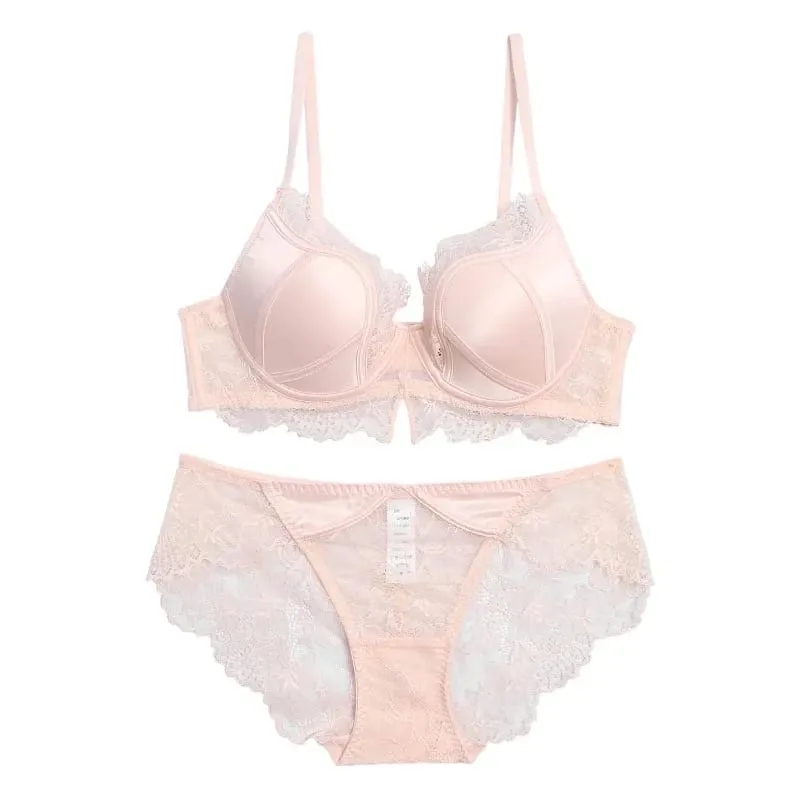 Sexy Lace Deep V Lingerie Set with Steel Ring Support Hollow Out Push Up Bra & Panty