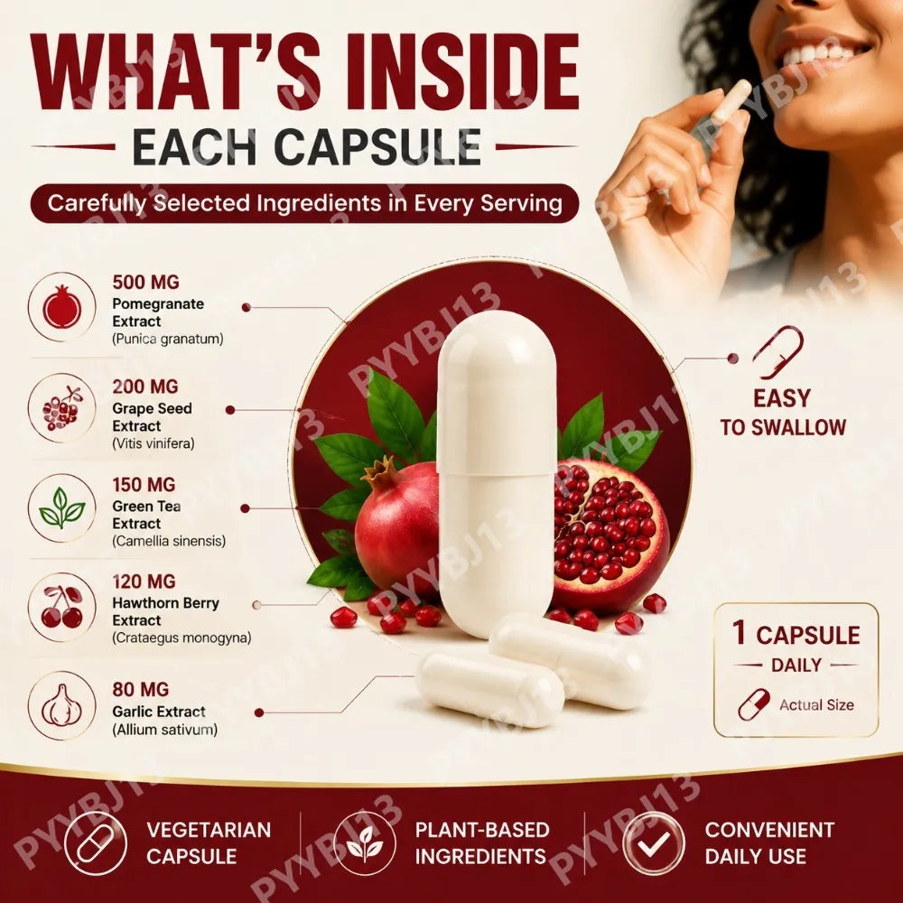 Pomegranate Extract Capsules with Grape Seed Green Tea Hawthorn Beetroot Vitamins C & E Daily Antioxidant Support 90 Count