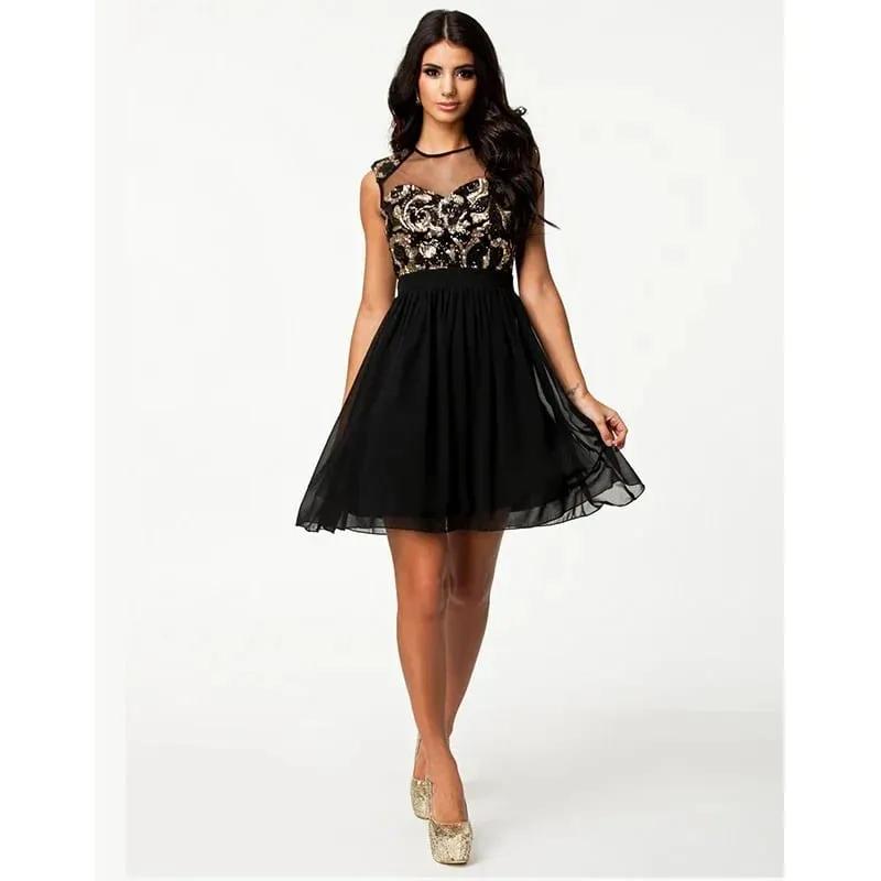 Elegant Vintage Black Mesh Insert Skater Dress Sexy Peplum Dress New Fashion Summer Dress Women Casual Chiffon Dress