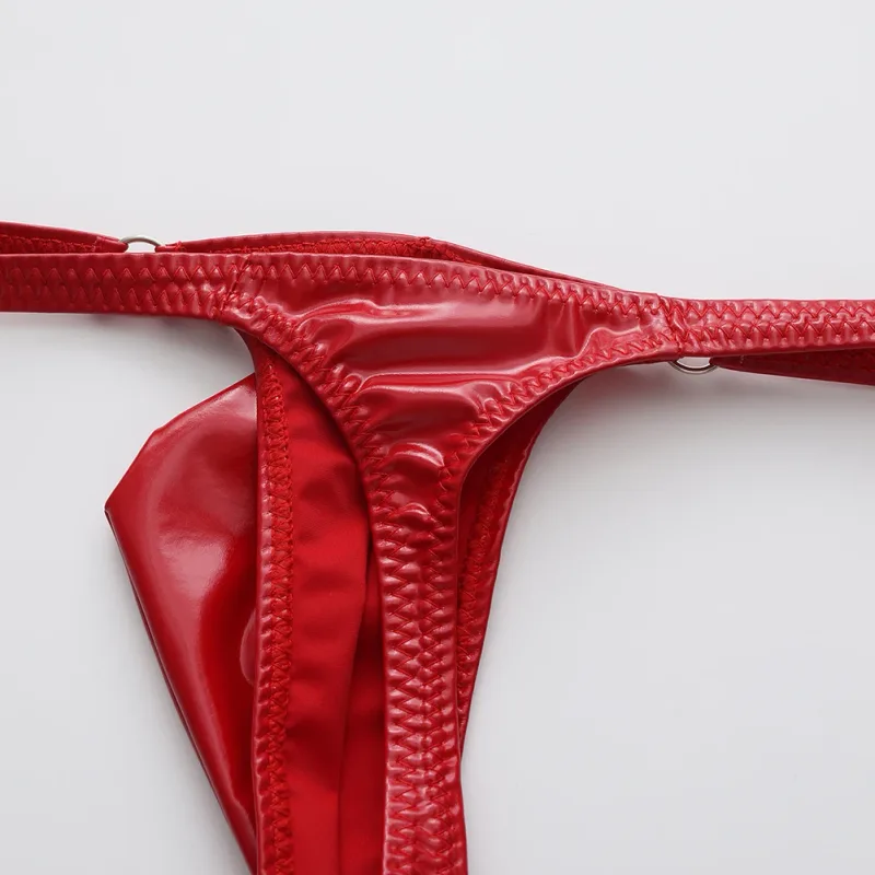 1pc Men Shiny Leather Waist With Metal Ring G-strings Thongs Gay Bulge Pouch Low Waist Stretchy Underwear Butt-Exposing Sexy