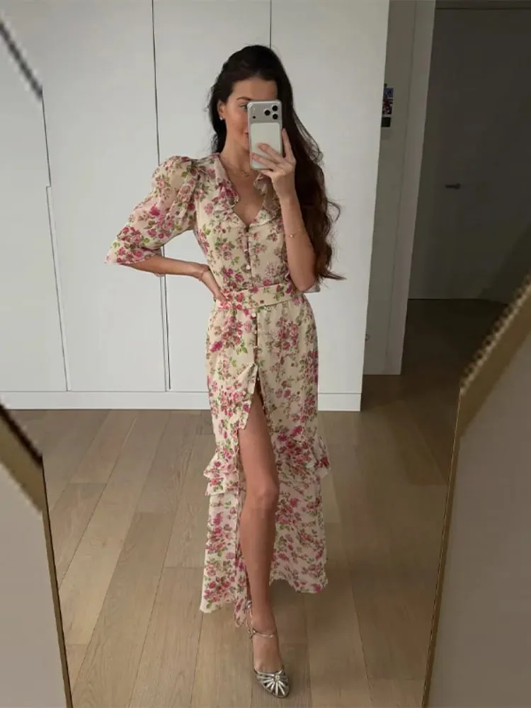 Organza Floral Printed Maxi Dress V-Neck Puff Sleeve 2026 Spring/Summer Romantic Women Party Gown Fashion Elegant Lady Vestidos