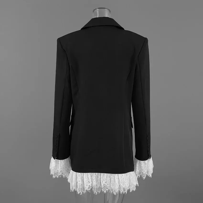 2026 Autumn New Sexy V-Neck Lace Patchwork Black Dress Elegant Temperament Long Sleeve Blazer Short Dresses Women Clothing