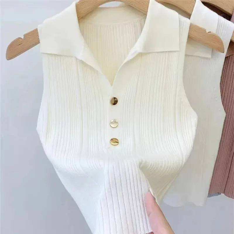 Zjaiss 2026 Spring Summer Slim Versatile Camisole Women's Polo Lapel Tank Tops Vest Ice Silk Knit Sleeveless Tops