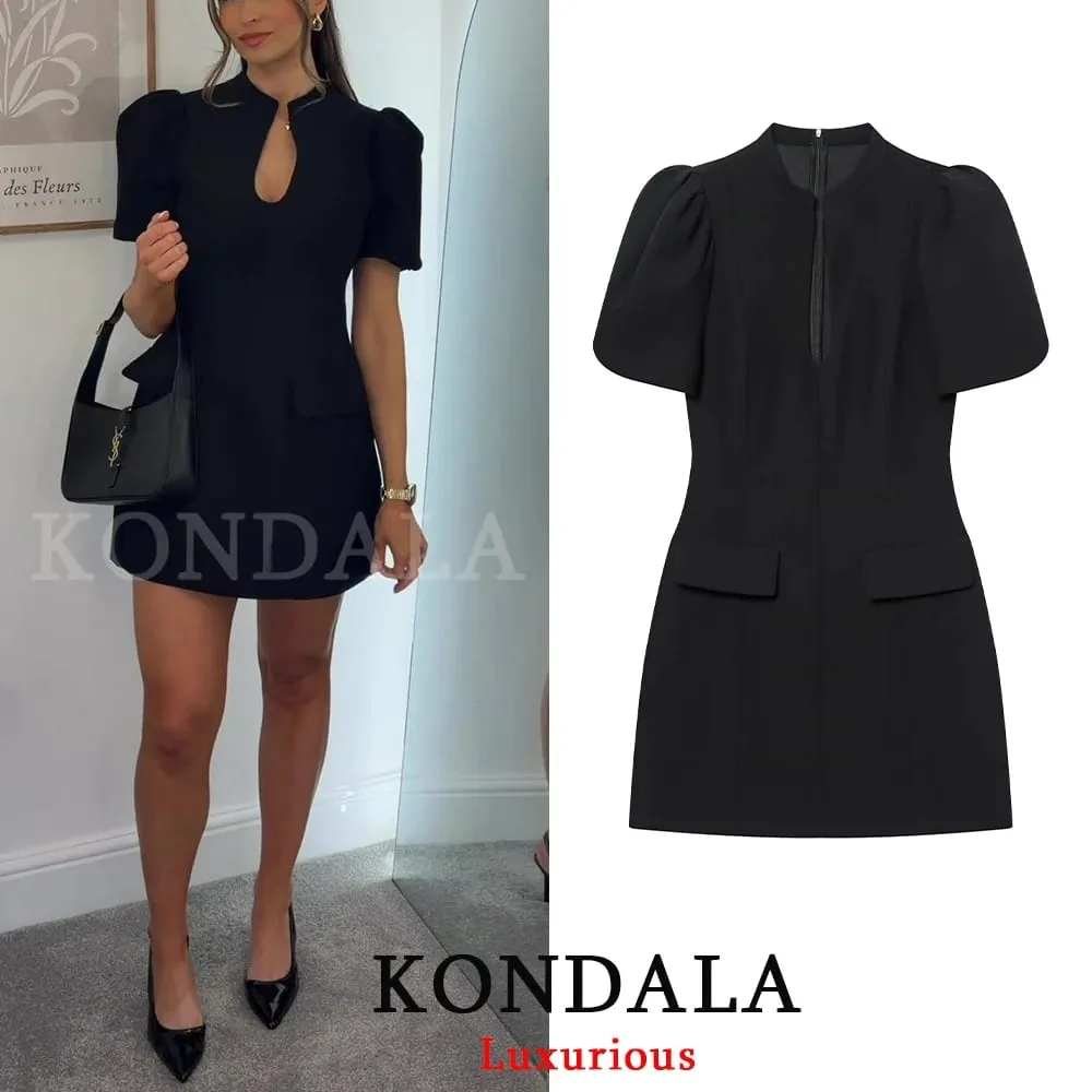 Elegant Holiday Chic Women Mini Dress Black O-Neck Zipper Short Puff Sleeve Dress Fashion 2026 Spring Summer Party Dress