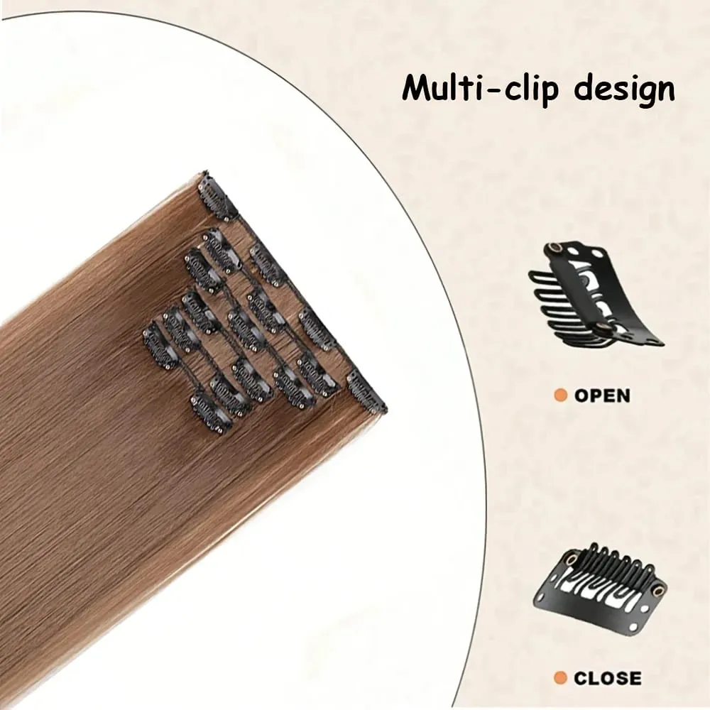 26-inch Light Brown Straight Synthetic Fiber Hair Extensions Multi-Clip Long Hair Extensions (6pcs) for Women