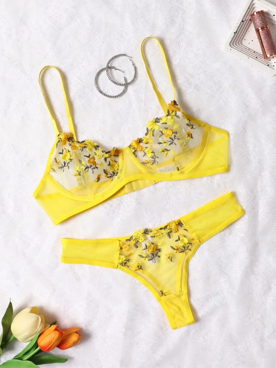 Women Sexy Lace Lingerie Push Up Lingerie Bra And Panty Sets Female Underwear Flower Embroidery Bralette Set