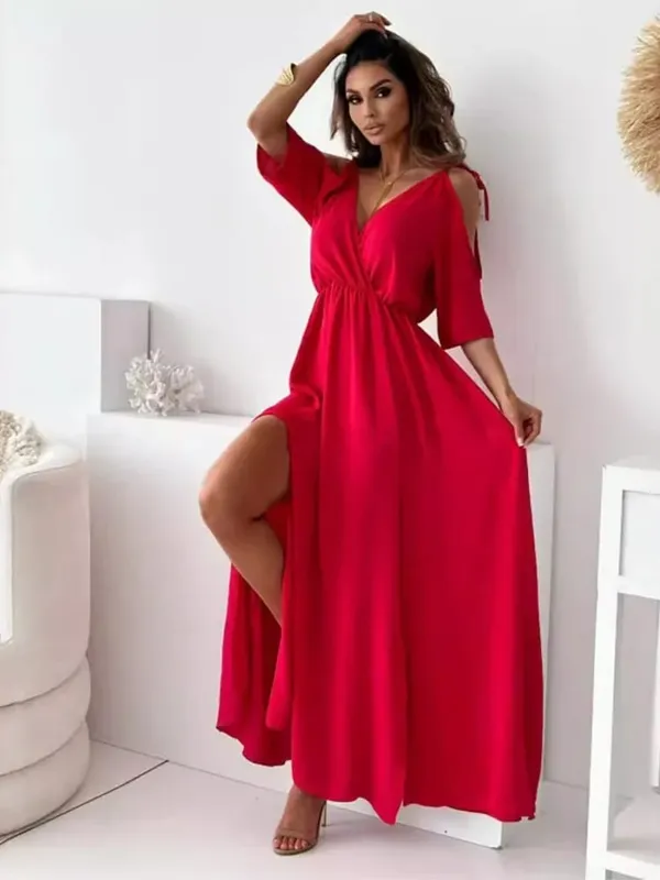Summer V-neck Skirt Slit Dress Off-shoul