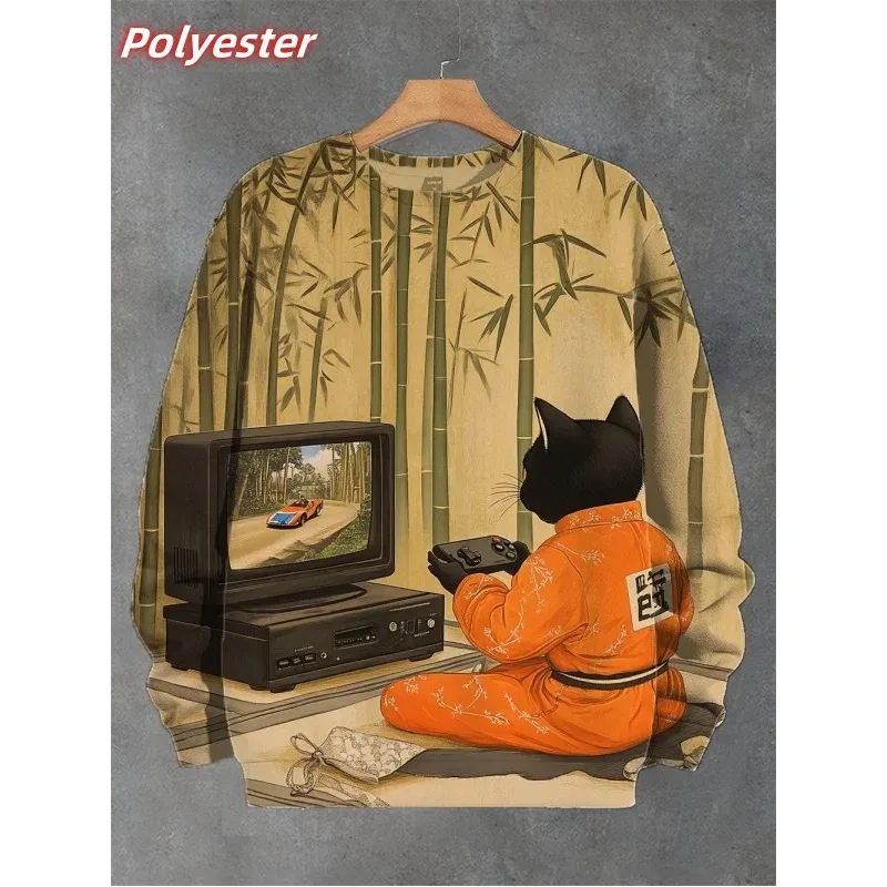 Cat Sushi Pattern Hoodie For Men Cute Animals 3D Printed Pullover Autumn Long Sleeve Loose Round Neck Hoodies Sweatshirt Tops — image 7