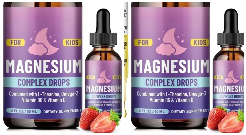 Titisan Cecair Magnesium Glycinate Kanak-kanak dengan L-theanine Omega-3 Vitamin B6 D3 untuk Relaksasi Tidur 2 Fl Oz Perisa Strawberi