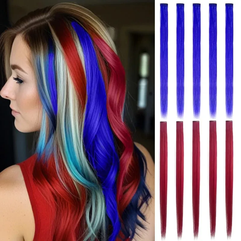 10PCS Hair Extensions Clip in -24 inch Colorful Hair Extensions Party Highlights Long Straight Synthetic Wigs Suitable for Girl