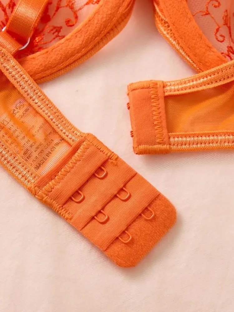Sexy Orange Lace Lingerie Set Women Push Up Bra and Panty Set Butterfly Bow Underwear Female Intimates Sleepwear