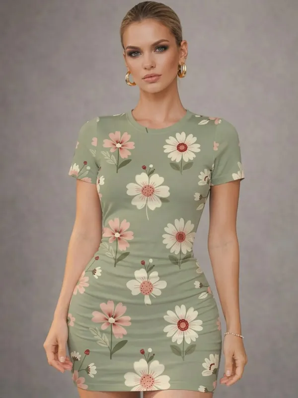 Womens Short Sleeve Bodycon Mini Dress Slim Fit Crew Neck Floral Print Casual Summer Party Elegant Lightweight Clubwear Sundress