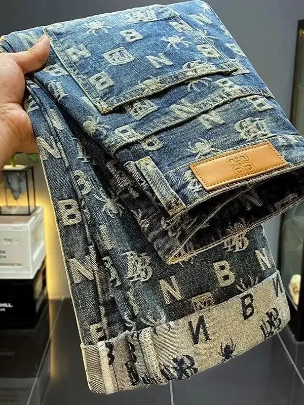 Retro American High Street Wide Leg Jeans Men's Heavyweight Washed Loose Trendy Brand Embroidery High Street Long Pants