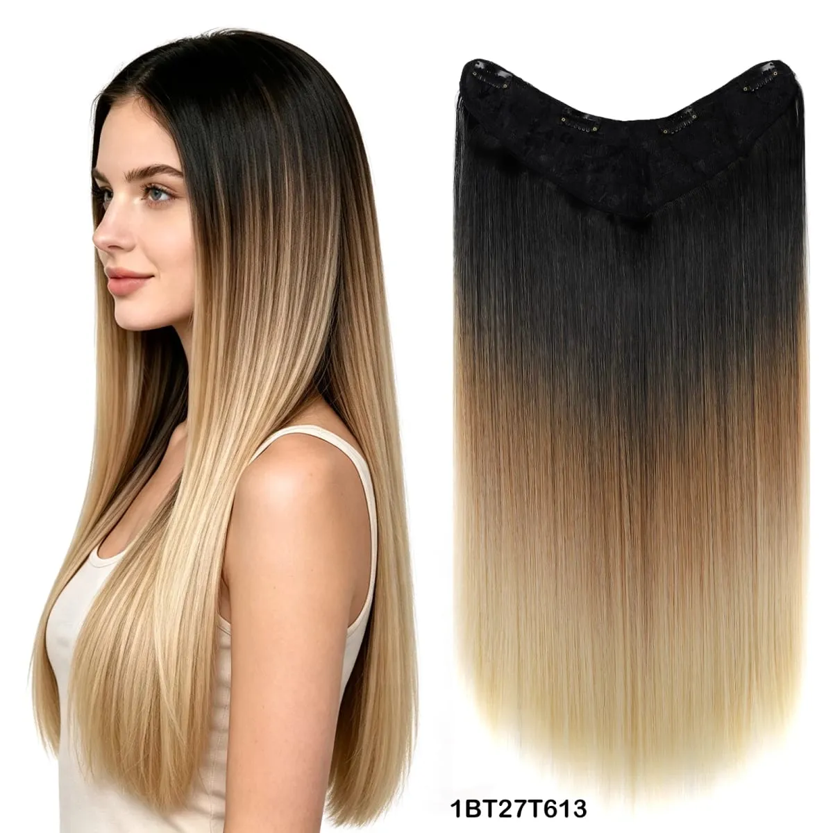 Clip In Hair Extension V Shape One Piece Straight Hair Whit 4 Clips Ombre Synthetic Hair Pieces For Women