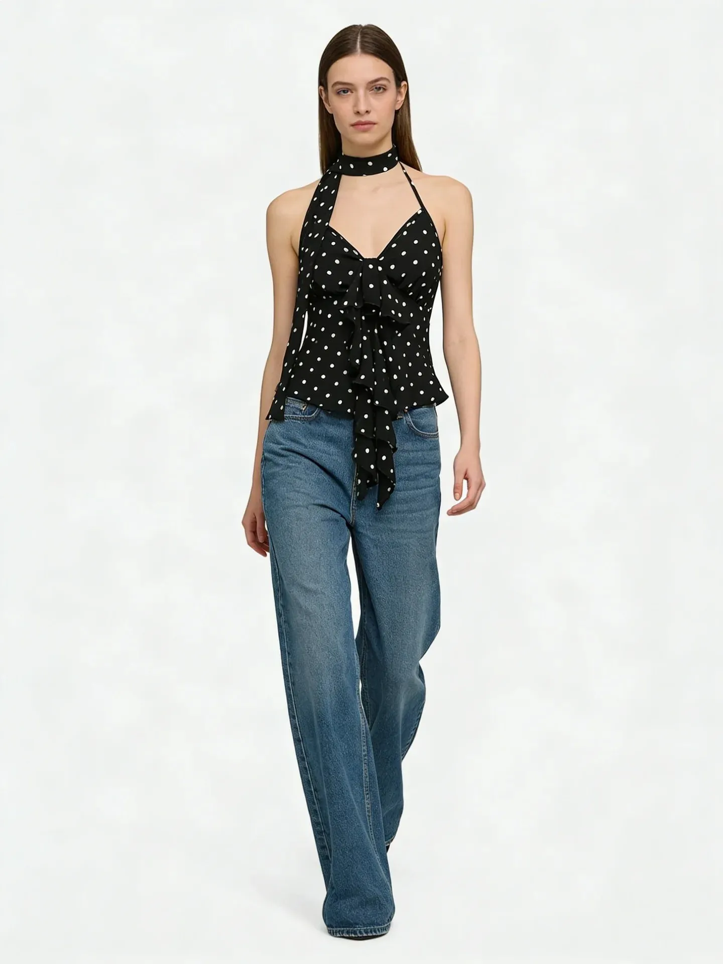 Y2K Spicy Girl Sleeveless Tank Vest Women 2026 Summer American Pure Desire Polka Dot Halter Tie Bow Asymmetric Slim Cami Top