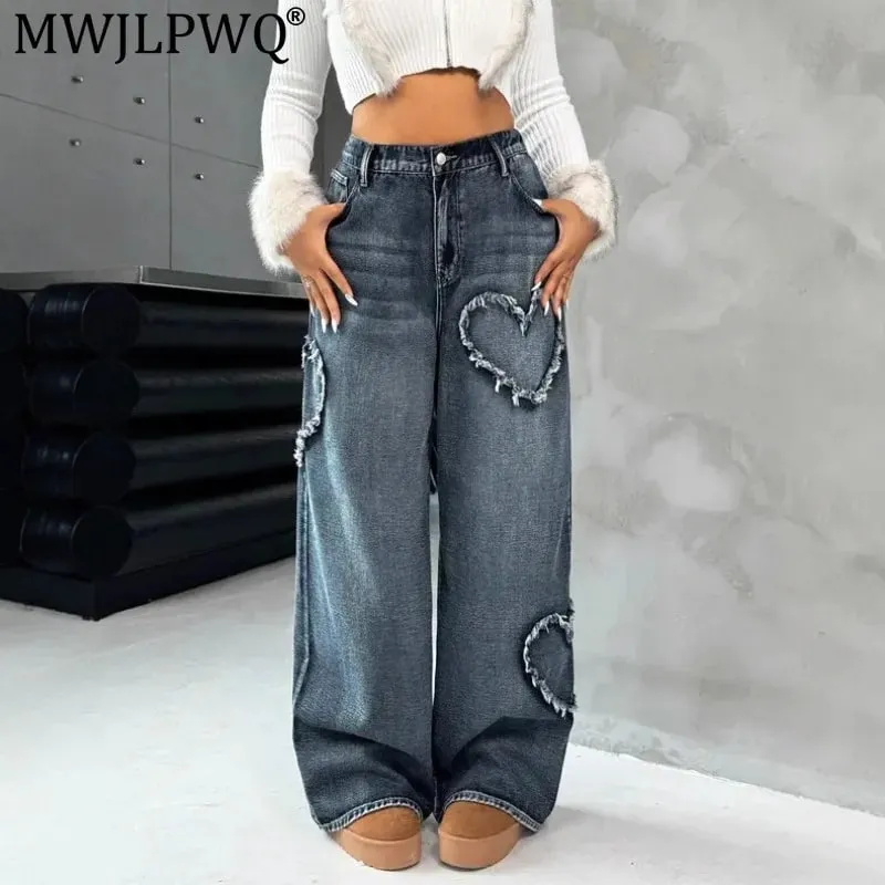 Amerikanische Retro Jeans mit ausgefransten Kanten und Patchwork, stark gewaschen, Unisex, Streetwear, locker, gerade, weit geschnittene Hose 21095