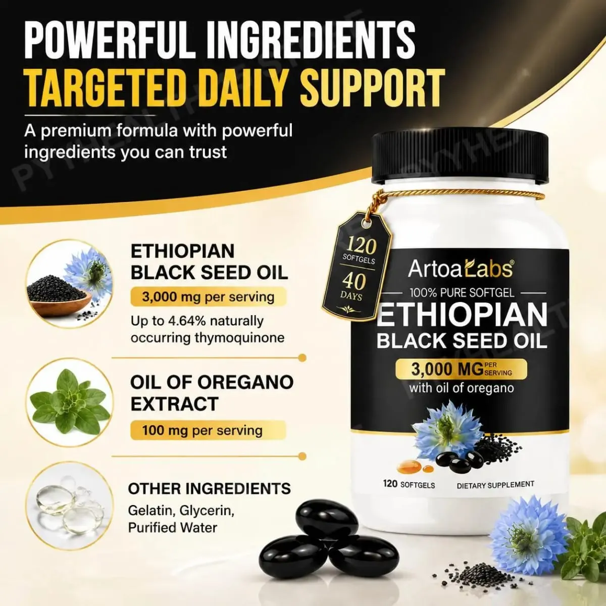 Ethiopian Black Seed Oil Softgels 3000mg with 100mg Oregano Extract for Immune Digestive and Daily Vitality Support 120 Count