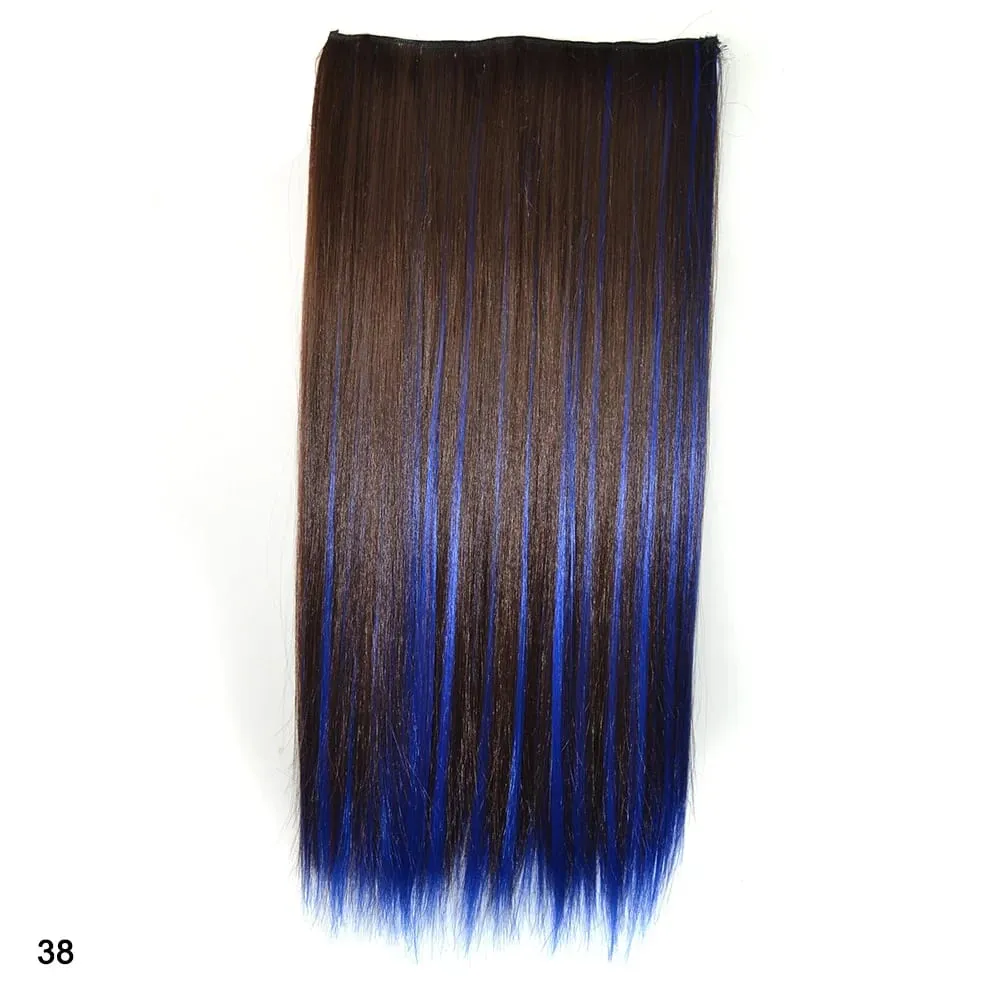 Rainbow Hairpiece Clip in One Piece Hair Extension Long Straight Synthetic Black Blue Gray Green Ombre Color Hairpieces
