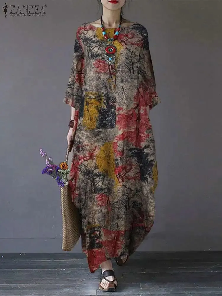 Vintage printede kjoler ZANZEA Autumn Sundress Kvinder Bohemian Casual Langærmet O-hals Kjole Elegant Løs Maxi Vestidos Robe