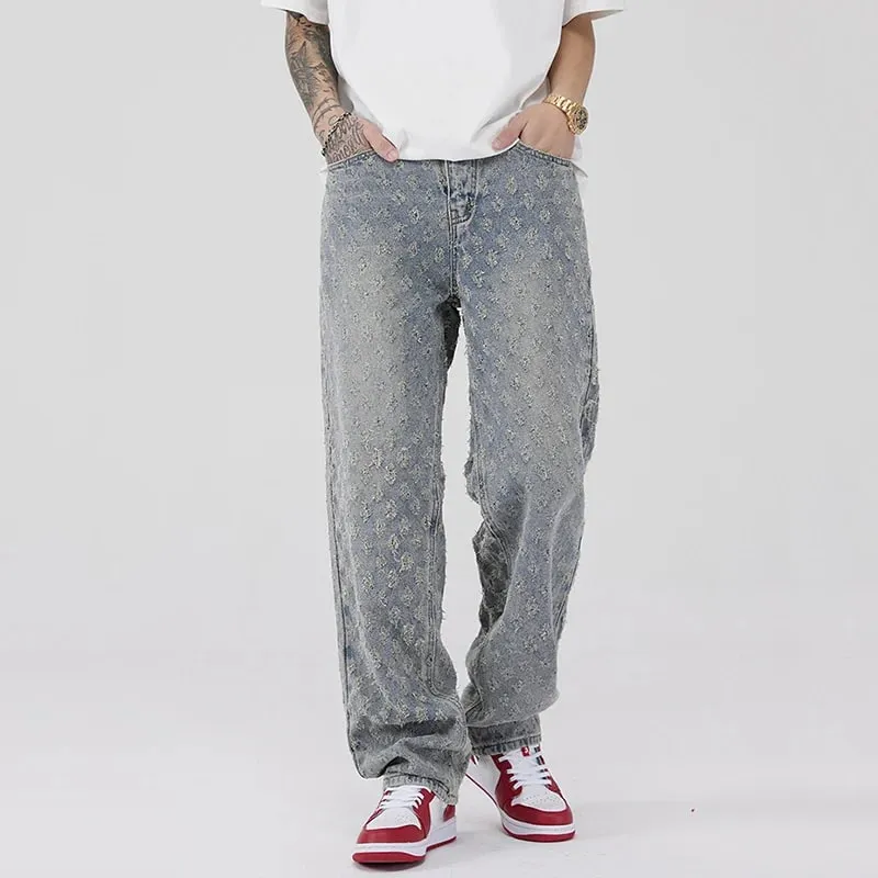 Nam Phong Cách Mỹ Vintage Dệt Hoa Thiết Kế Quần Jean Thời Trang Nam Mùa Hè Mỏng Hàng Ngày Thường Ngày Denim Quần Rời Ống Suông Quần