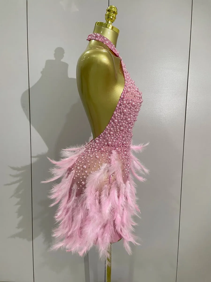 Women Luxury Rhinestones Pearls Feathers Halter Backless Short Dress Women Sexy Celebrate Birthday Dress Nightclub Stage Costume