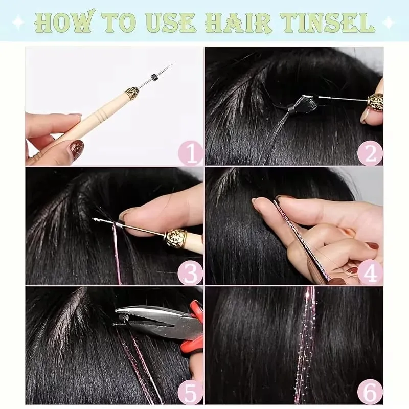 6pcs/set 38Inch Long Sparkling Fairy Hair Tinsel Rainbow Extensions Suitable for Braids Ponytails Shiny Strands Accessories