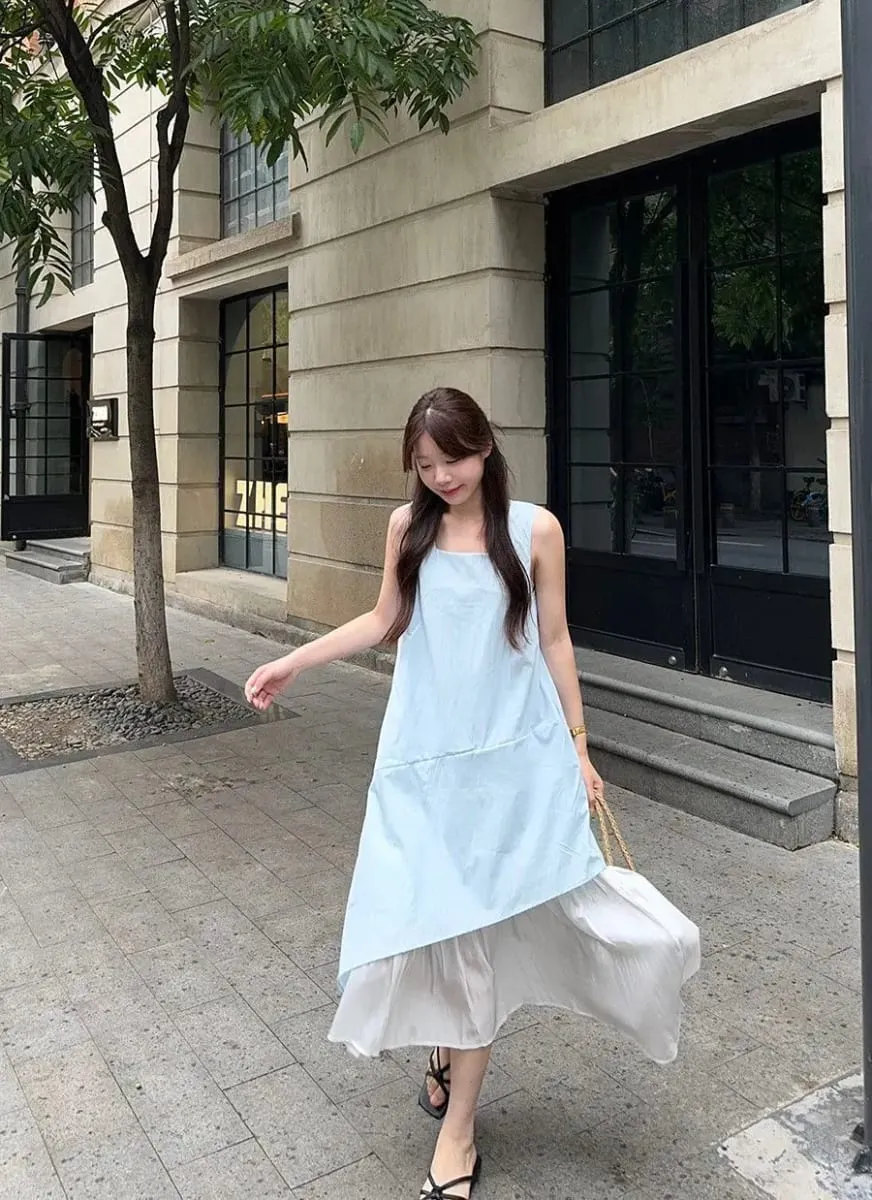 Women's Sleeveless White Midi Dress Loose Layered Ruffle Hem Casual Summer Beach Flowy Dress