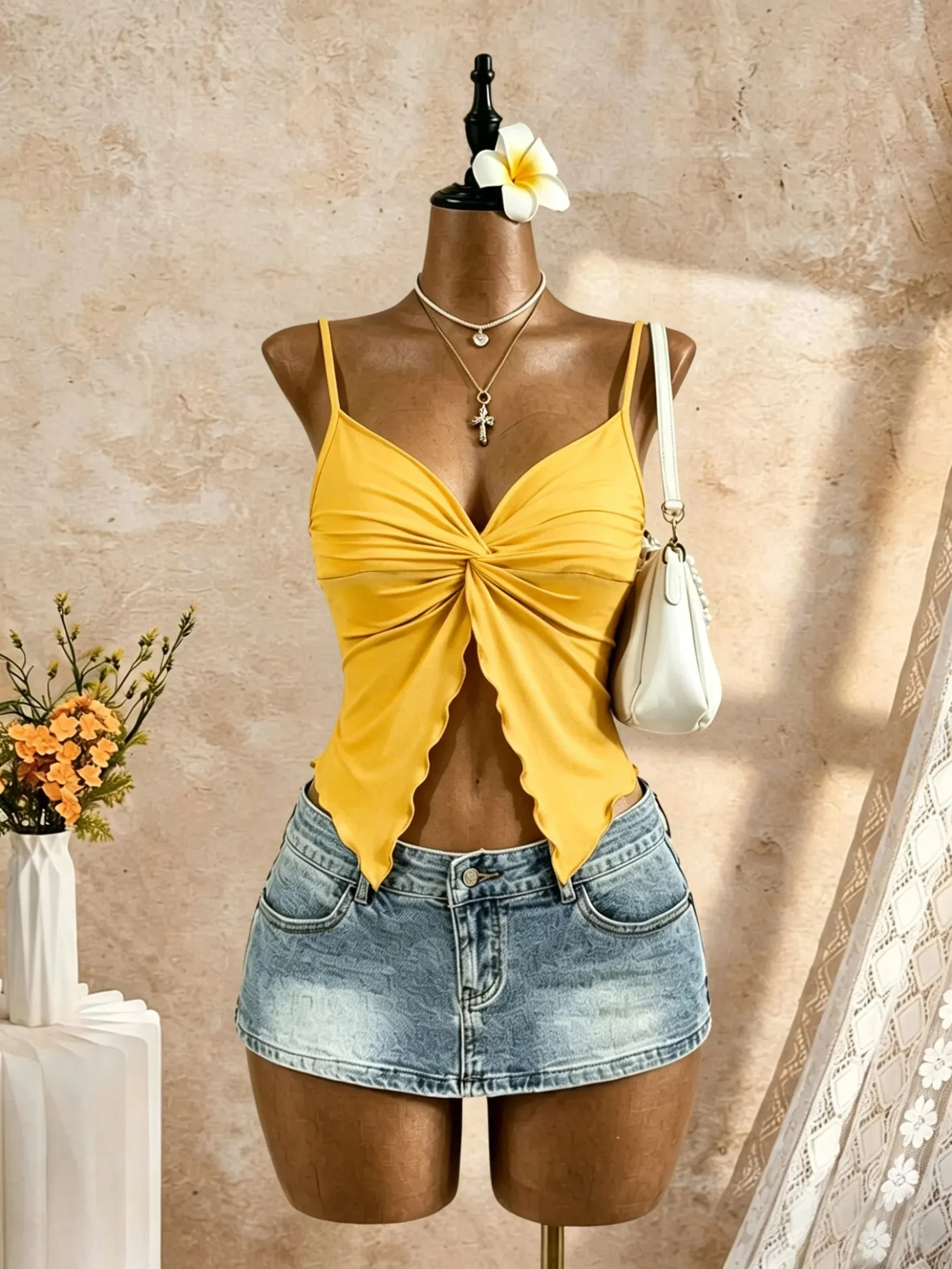 Women Spaghetti Strap V Neck Twist Front Cut Out Ruffle Irregular Hem Slim Fit Crop Cami Top 2026 Summer Y2K Solid White Sleevel