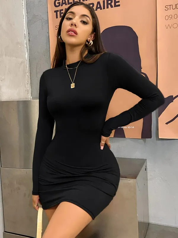 Dài Tay Ôm Bodycon Mini Nữ Cao Cổ Xếp Ly Đảng Vải Xếp Ngắn Câu Lạc Bộ Buổi Tối Bộ Trang Phục Màu Trơn