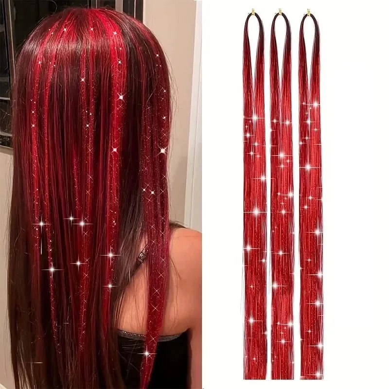 90cm Synthetic 3pcs/set Rainbow Colored Shiny Hair Laser Tinsel Long Straight Heat-Resistant Fairy Hair Extensions Party Daily