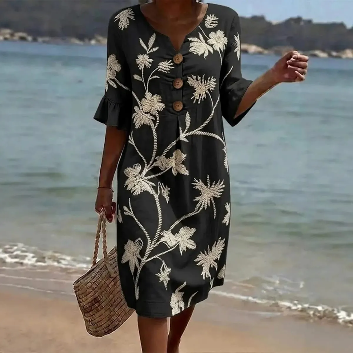 Summer Woman Dress V Neck Button Front Dresses Loose Fit Casual Dress Ruffle Sleeve Floral Dress Vine Pattern Women's Embroidery