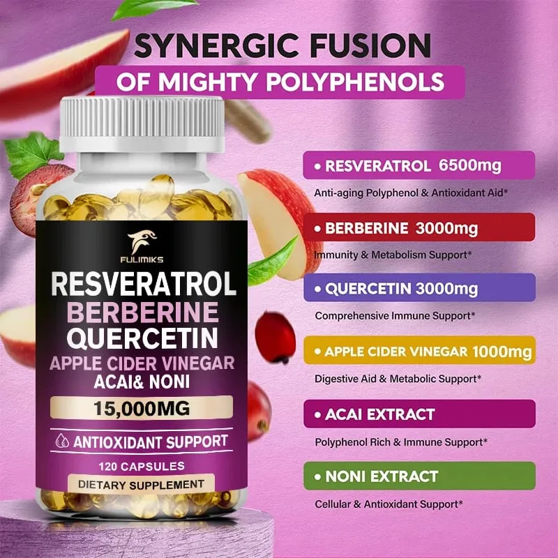Resveratrol kapsler | Berberine | Quercetin | Æblecidereddike - antioxidant hjertesundhed og stofskifte - 60/120 kapsler