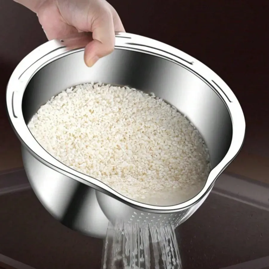 Stainless Steel Rice Washing Bowl with Drain Holes 2-in-1 Vegetable Fruit Strainer Colander Basket for Kitchen Sink