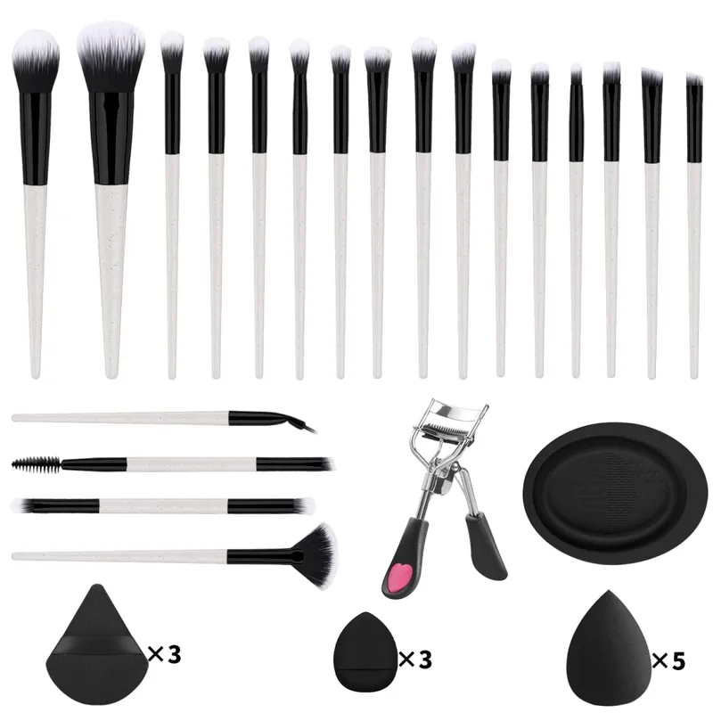 33Pcs Makeup Tool Kit 20 Makeup Brushes With Powder Puff Cleaning Bowl Eyelash Curler Full Face Eye Makeup Set