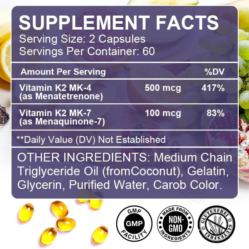 Vitamin K2 (MK7 & MK4) with D3 Supplement- Support Strong Bones & Healthy Brain Cardiovascular Health