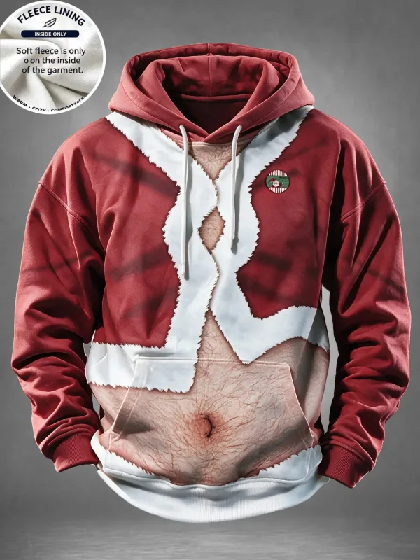 Men Fleece Lined Hoodie Comic Santa Christmas Print Pullover Hooded Sweatshirt Casual Winter Hoody